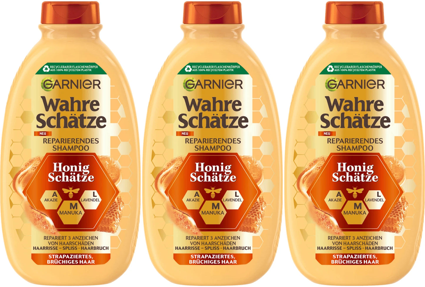 3 Stück GARNIER Wahre Schätze Honig Schätze Shampoo für strapaziertes Haar