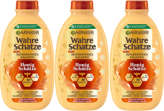 3 Stück GARNIER Wahre Schätze Honig Schätze Shampoo für strapaziertes Haar